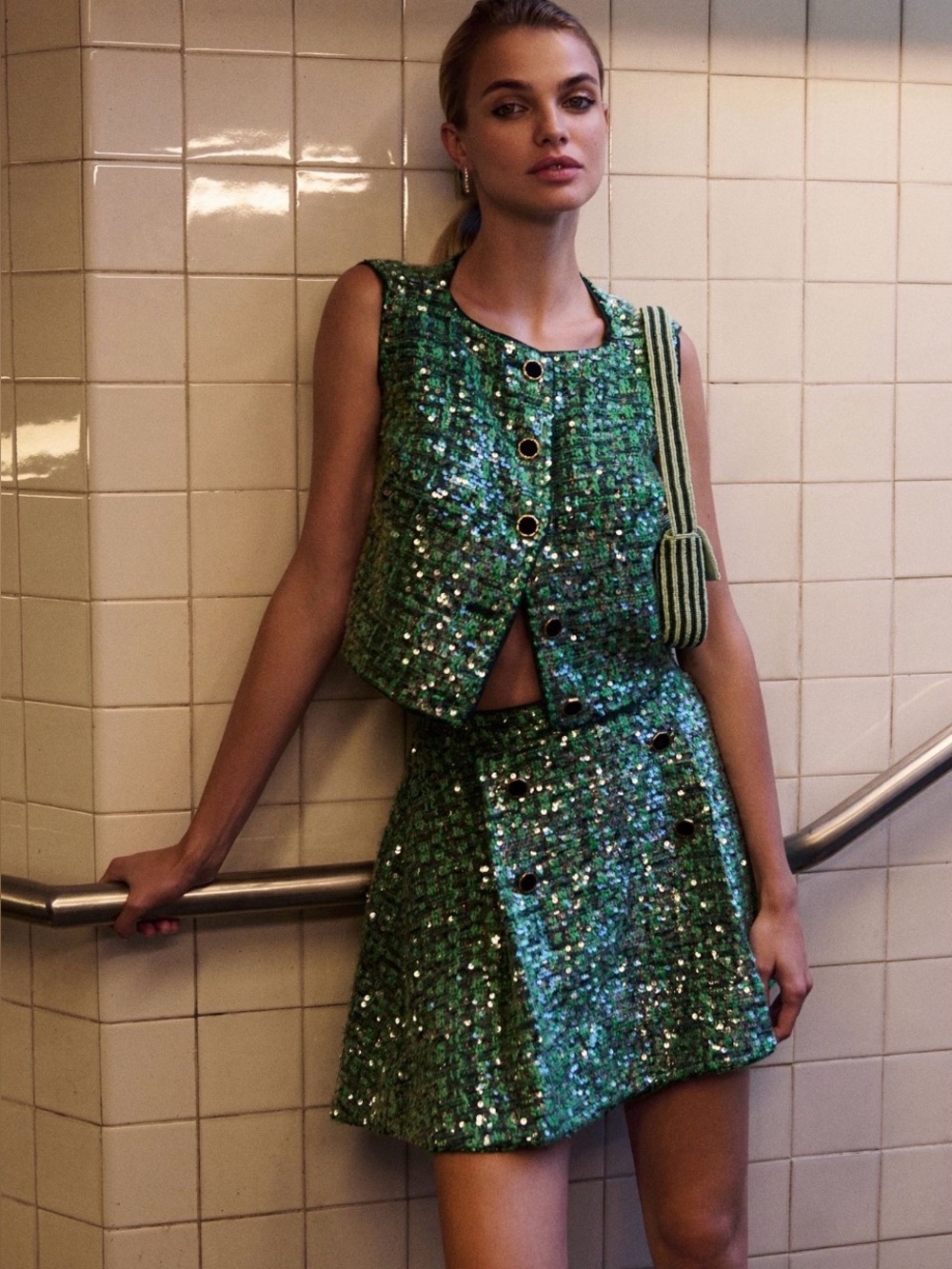 NWT Anthropologie Maeve Green Sequin Tweed skirt